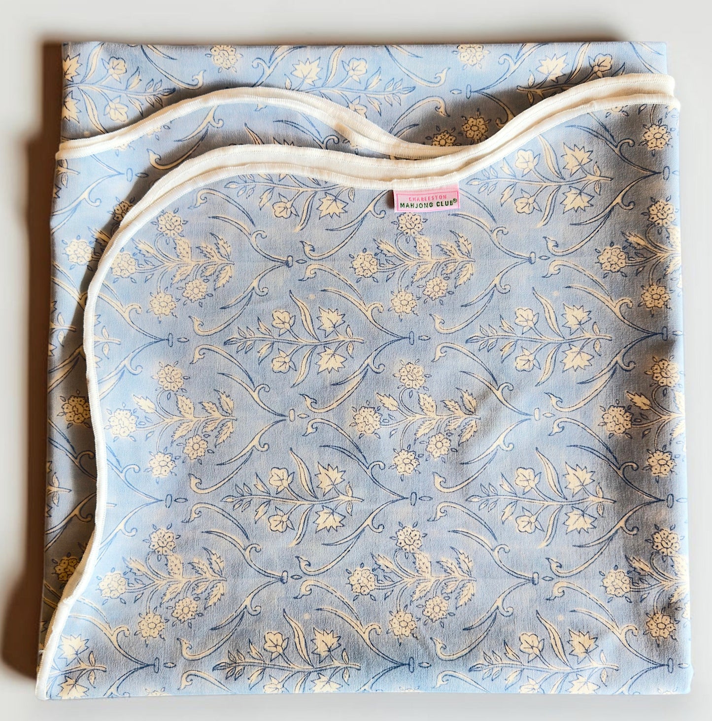Denim Blue Floral Scalloped Tablecloth - Square