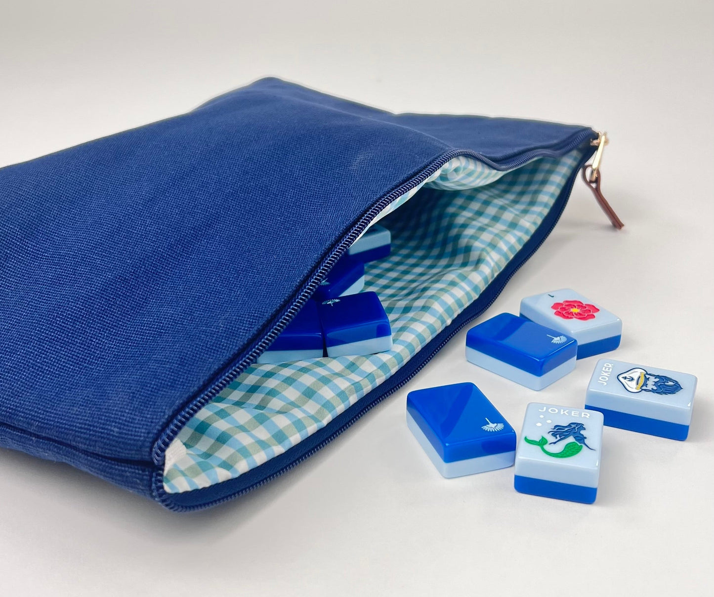 Navy Blue Canvas Tile Bag, Gingham Liner