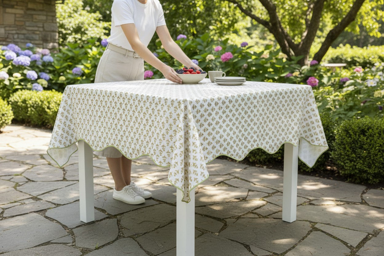 Green Floral Scalloped Tablecloth - Square