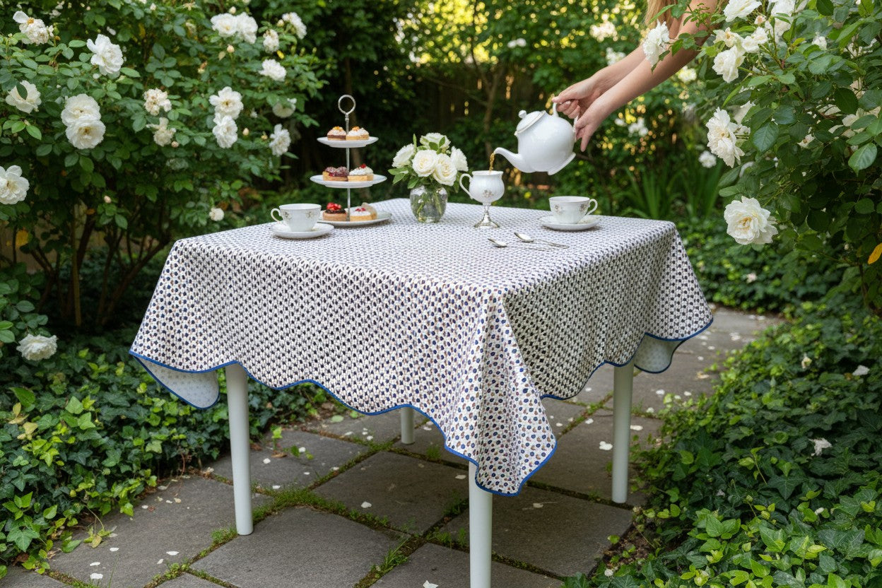 Navy Floral Scalloped Tablecloth