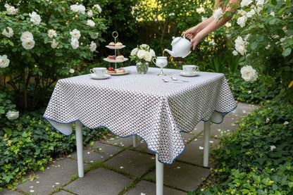 Navy Floral Scalloped Tablecloth