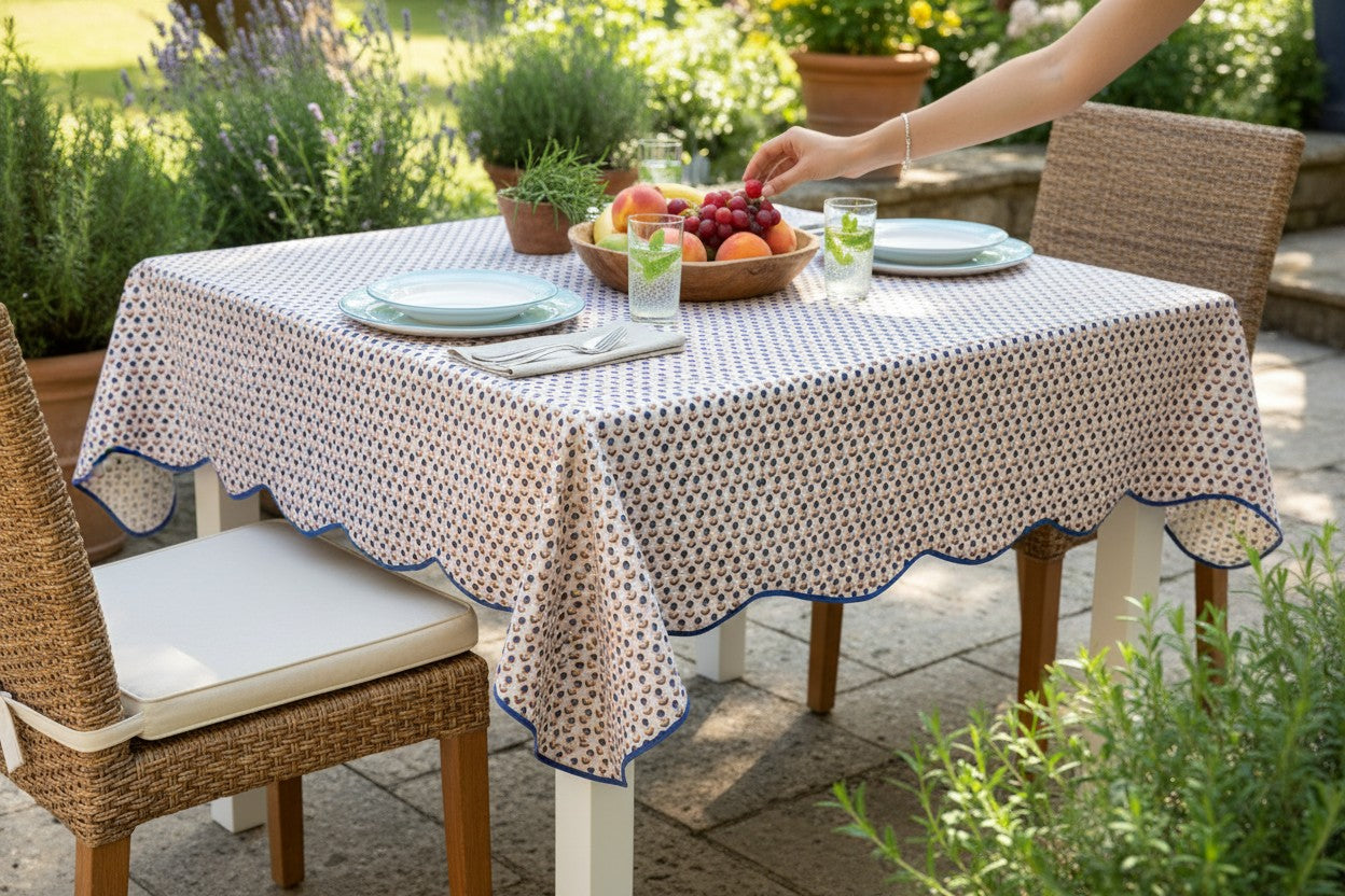 Navy Floral Scalloped Tablecloth