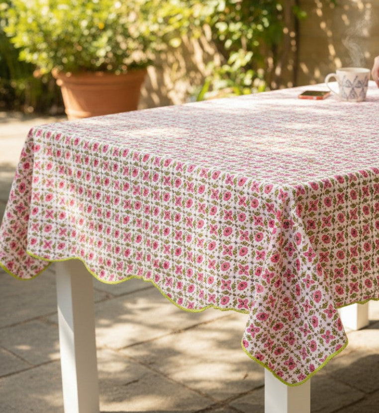 Pink & Green Floral Scalloped Tablecloth - Square