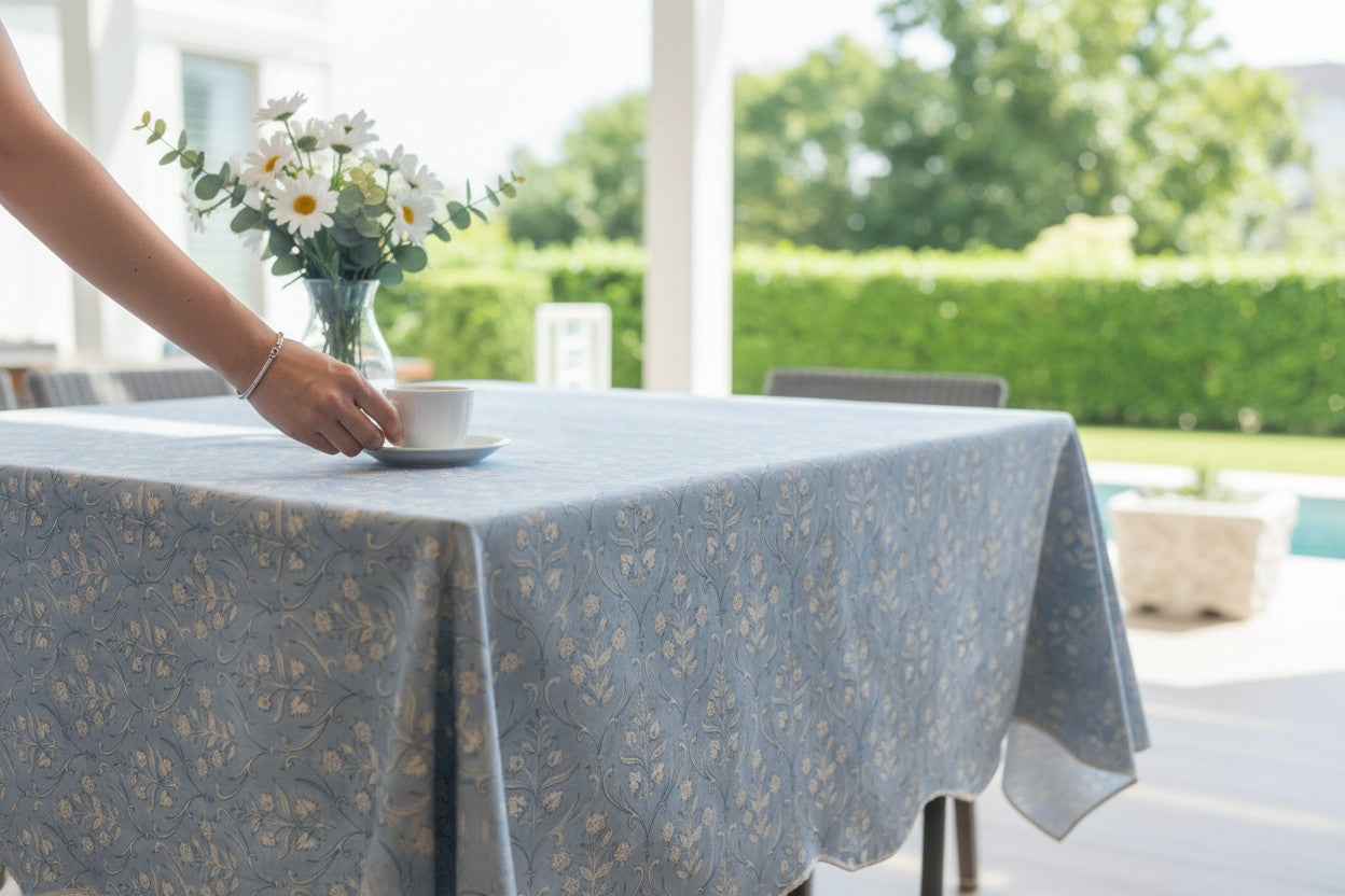 Denim Blue Floral Scalloped Tablecloth - Square