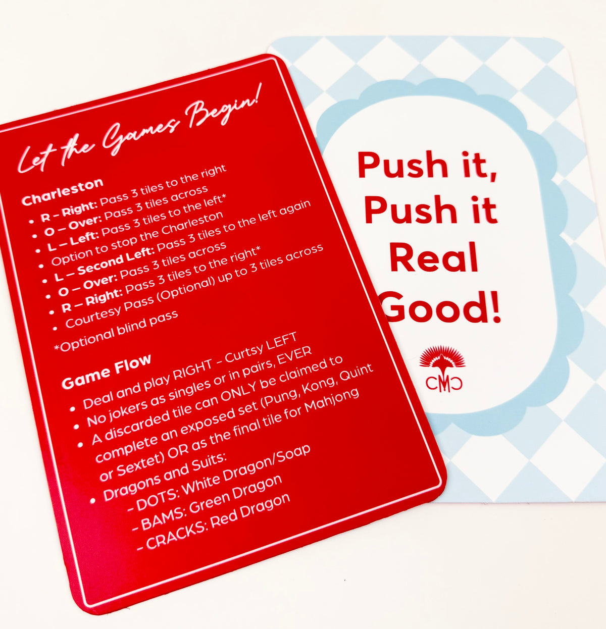 Mahjong Shufflers (set of 2) "Push It Real Good", Red & Light Blue