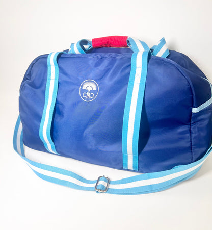 Blue Mahjong Tote  bag with white and light blue straps on a white background