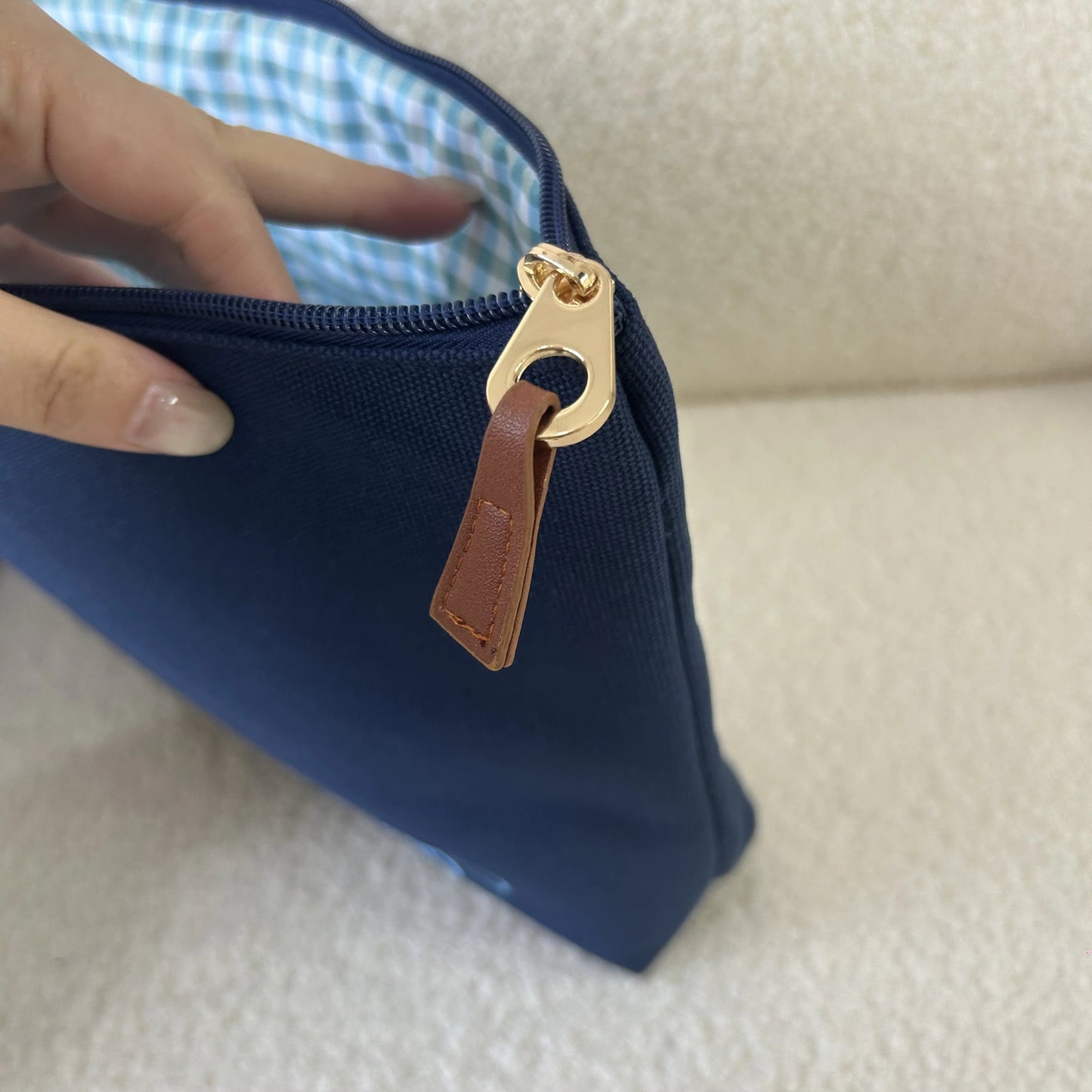 Navy Blue Canvas Tile Bag, Gingham Liner