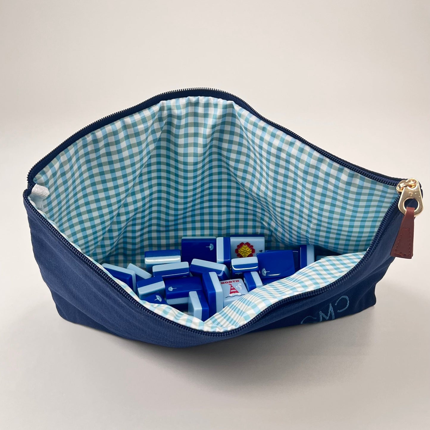 Navy Blue Canvas Tile Bag, Gingham Liner