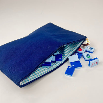 Navy Blue Canvas Tile Bag, Gingham Liner