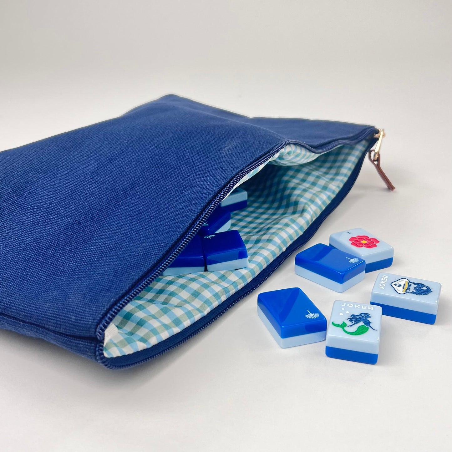 Navy Blue Canvas Tile Bag, Gingham Liner