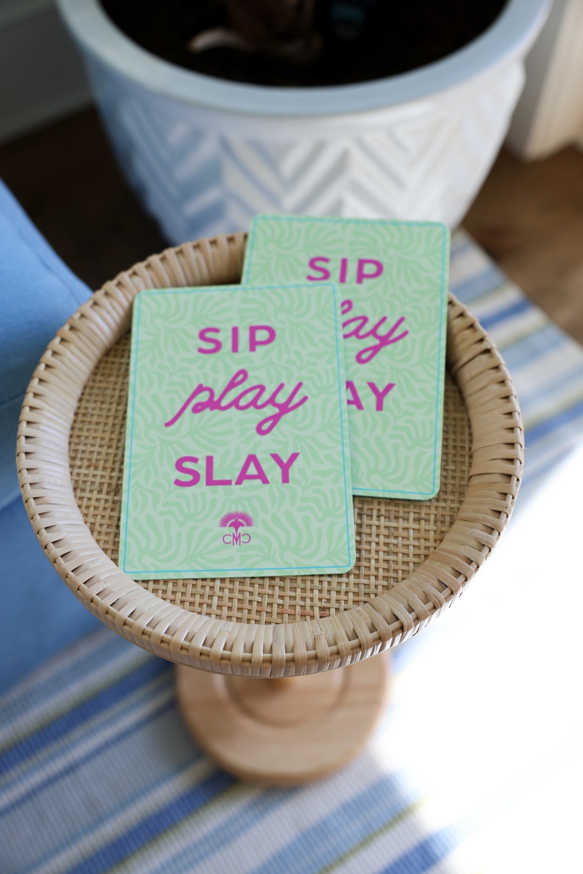 Mahjong Shufflers (set of 2) "Sip, Play, Slay", Yellow & Blue