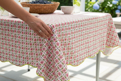 Pink & Green Floral Scalloped Tablecloth - Square